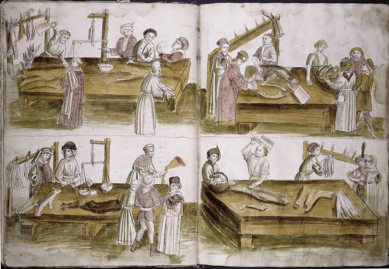 Scena z życia targowego z rzeźnikami z: Ulrich Richental Kronika soboru w Konstancji, 1414-1418 autorstwa Unbekannt
