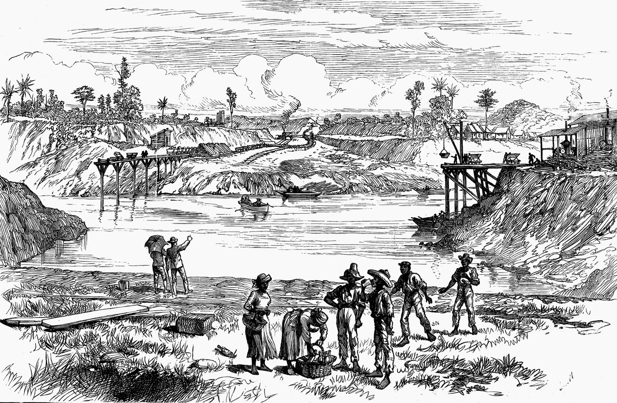 Scena z próby de Lessepsa przekopania Kanału Panamskiego, 1888 autorstwa Unbekannt