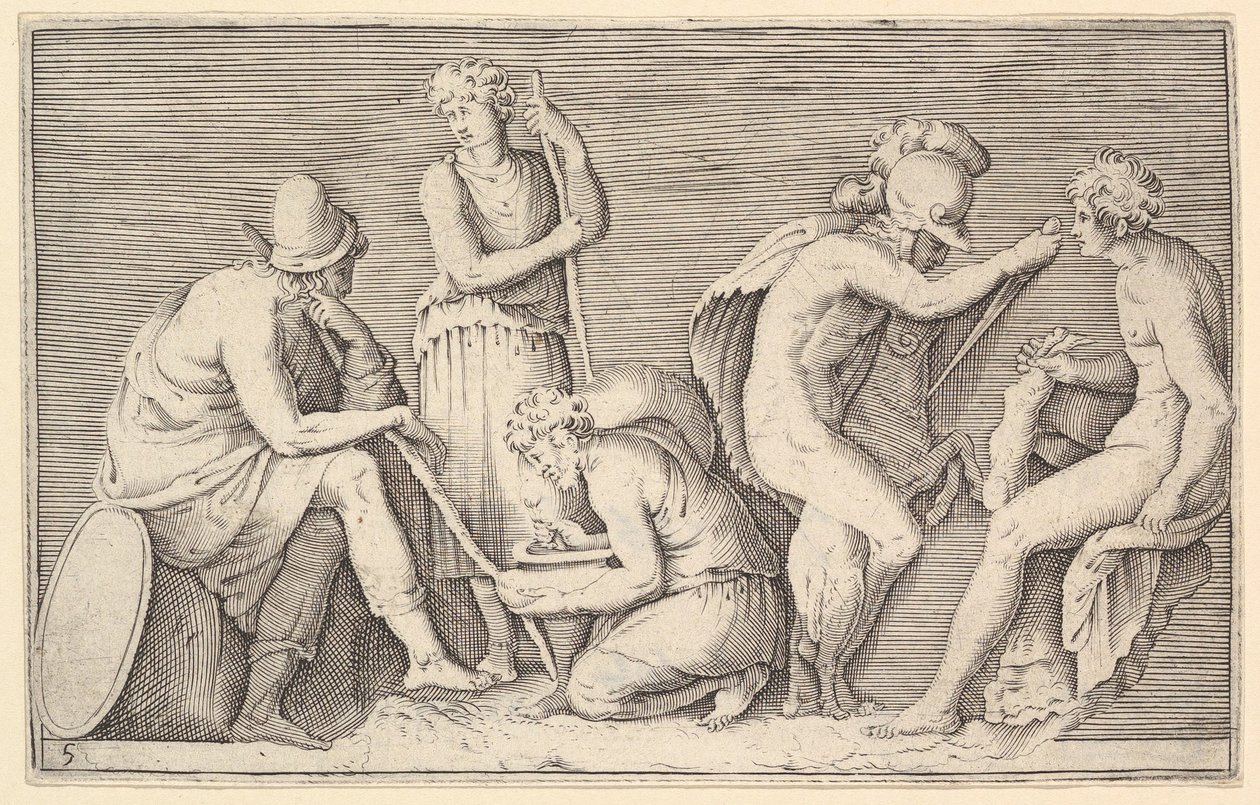 Scena Ofiary z Wojownikiem Zabijającym Barana i Cztery Inne Figury, wydana 1599-1622. autorstwa Unbekannt