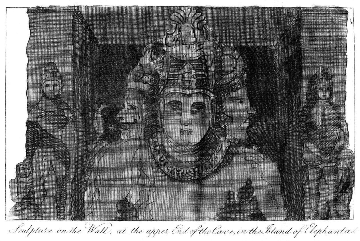 Rzeźba na ścianie w górnym końcu jaskini, wyspa Elephanta, Indie, 1799 autorstwa Unbekannt