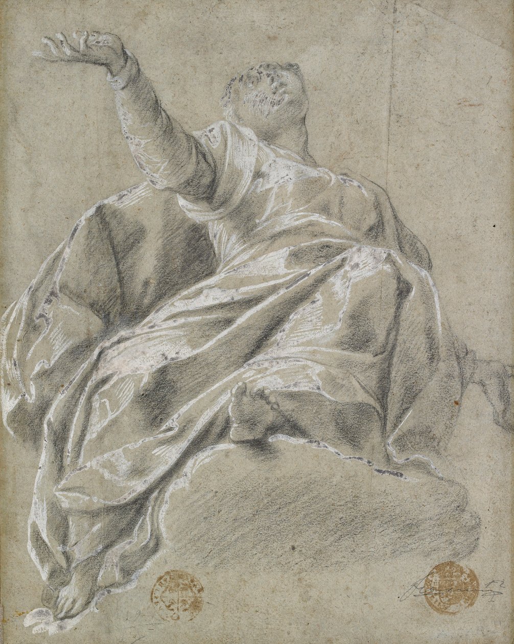Siedząca postać kobieca na chmurze, patrząca w górę, 1600-1675 autorstwa Unbekannt