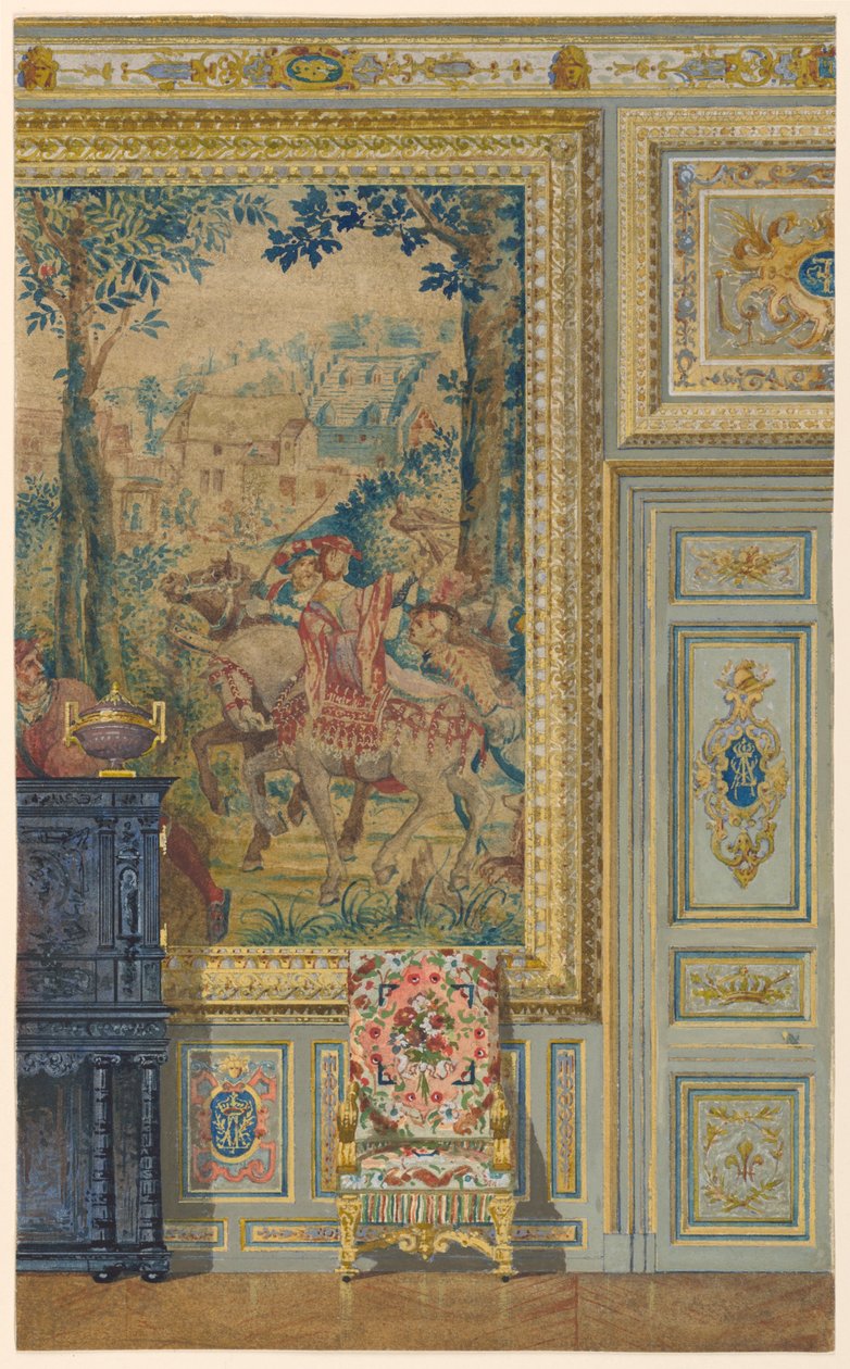 Fragment ściany przedstawiający fragment flamandzkiego gobelinu, pokój gobelinów, pałac Fontainebleau, Francja autorstwa Unbekannt