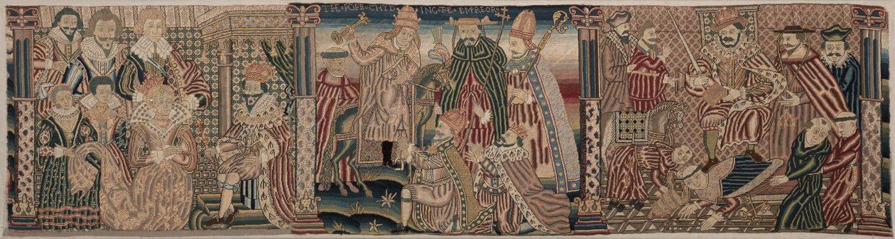 Sekcja fryzu haftowanego: Aswerus i Estera, Papież wyzywający cesarza, 1625-1649. autorstwa Unbekannt