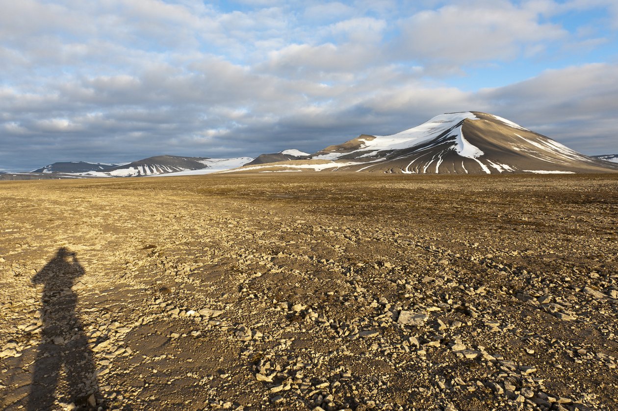 cień człowieka, wielokąta, strukturalna gleba, na, plataberget, zaśnieżony, szczyt, nordenskjoeldfjellet, w, plecy, blisko, longyearbyen, spitsbergen, svalbard, norwegia, europa autorstwa Unbekannt