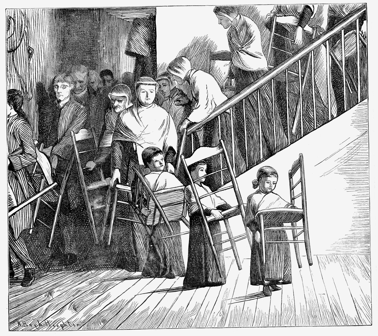 Społeczność Shakerów idzie na kolację, każdy niesie własne krzesło Shaker, stan Nowy Jork, 1870 r autorstwa Unbekannt