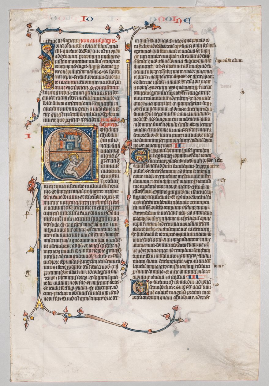 Pojedynczy liść z Biblii: Initial E[t factum est] z Jonaszem połkniętym przez wieloryba, c. 1290. autorstwa Unbekannt