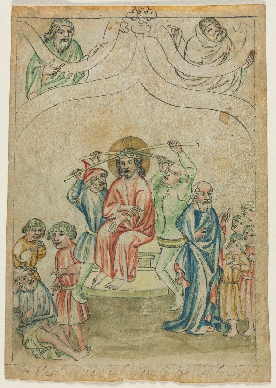 Pojedynczy kartek z Biblia Pauperum: Chrystus dźwigający krzyż verso, ok. 1930. 1410. autorstwa Unbekannt