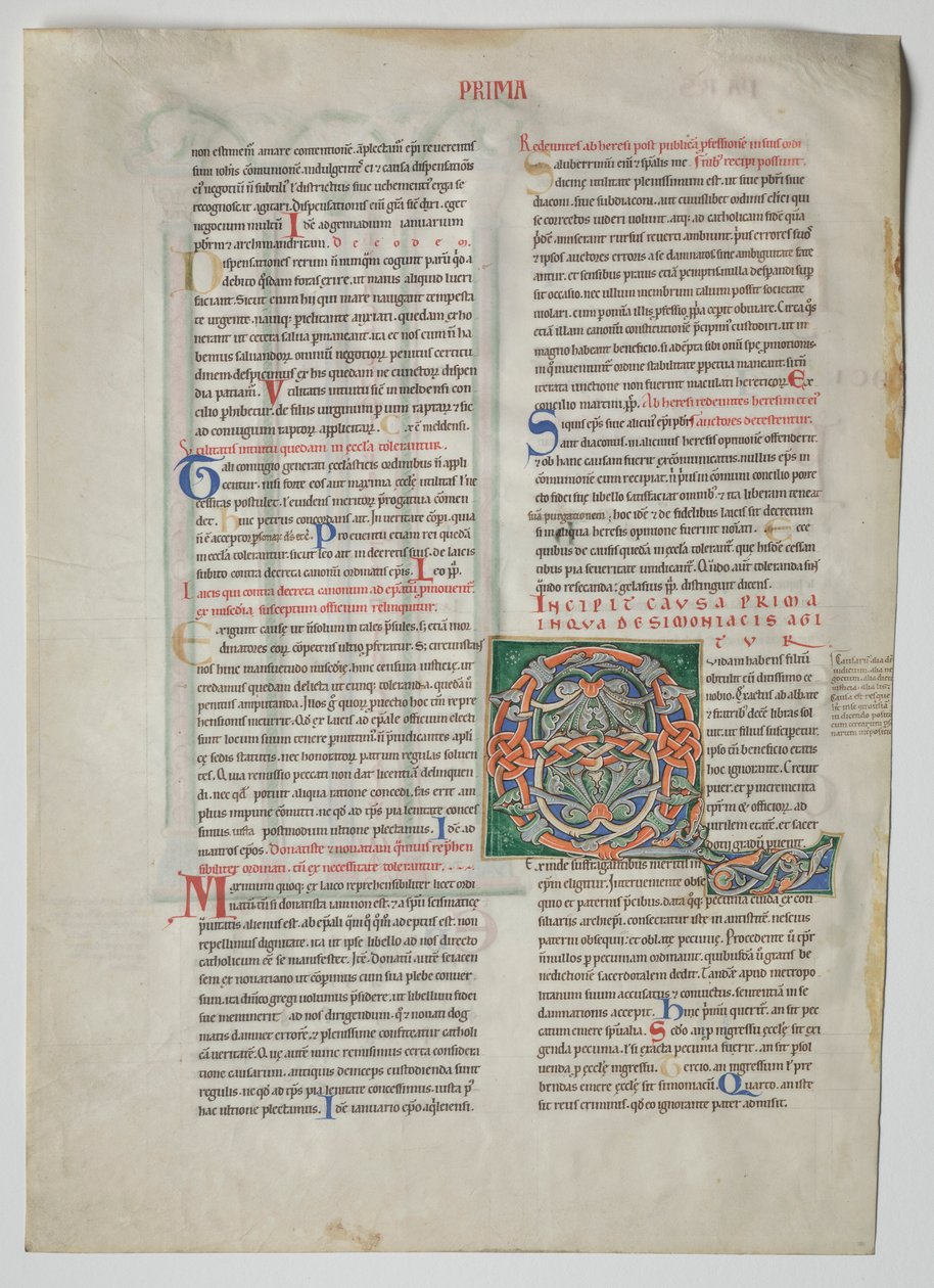 Pojedynczy listek z dekretu Gracjana: Zdobione inicjały mężczyzny, który miał syna, c1160-1165 autorstwa Unbekannt