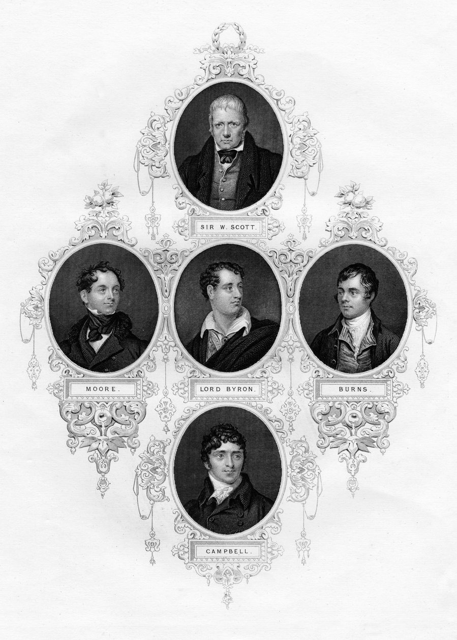 Sir Walter Scott, Thomas Moore, Lord Byron, Robert Burns, Thomas Campbell, 1877 autorstwa Unbekannt