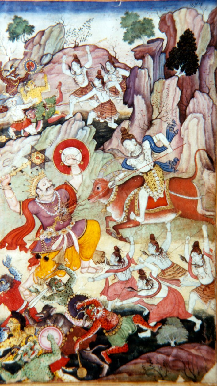 Śiwa niszczy demona i Hakę, rękopis Harivamsy, Szkoła Mogołów, c1590 autorstwa Unbekannt