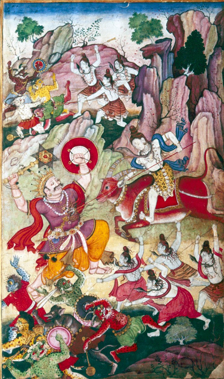 Shiv niszczy demona Andhakę, Manuskrypt Harivamsy, Mogołów, C1590. autorstwa Unbekannt