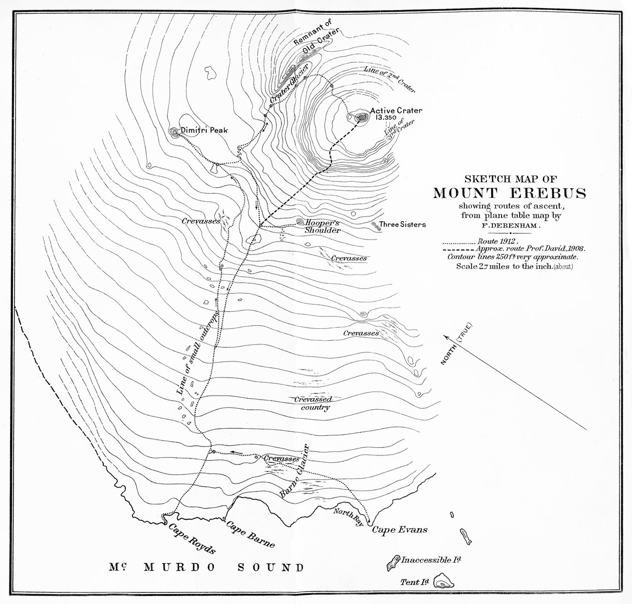 Szkicowa mapa góry Erebus przedstawiająca trasy wznoszenia, c1912, 1913 autorstwa Unbekannt