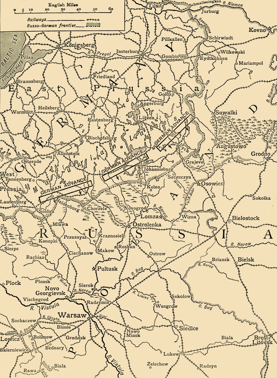 Mapa szkicowa ilustrująca niemiecki atak na północ od Warszawy w lutym 1915 r. ok. 1920 r. autorstwa Unbekannt
