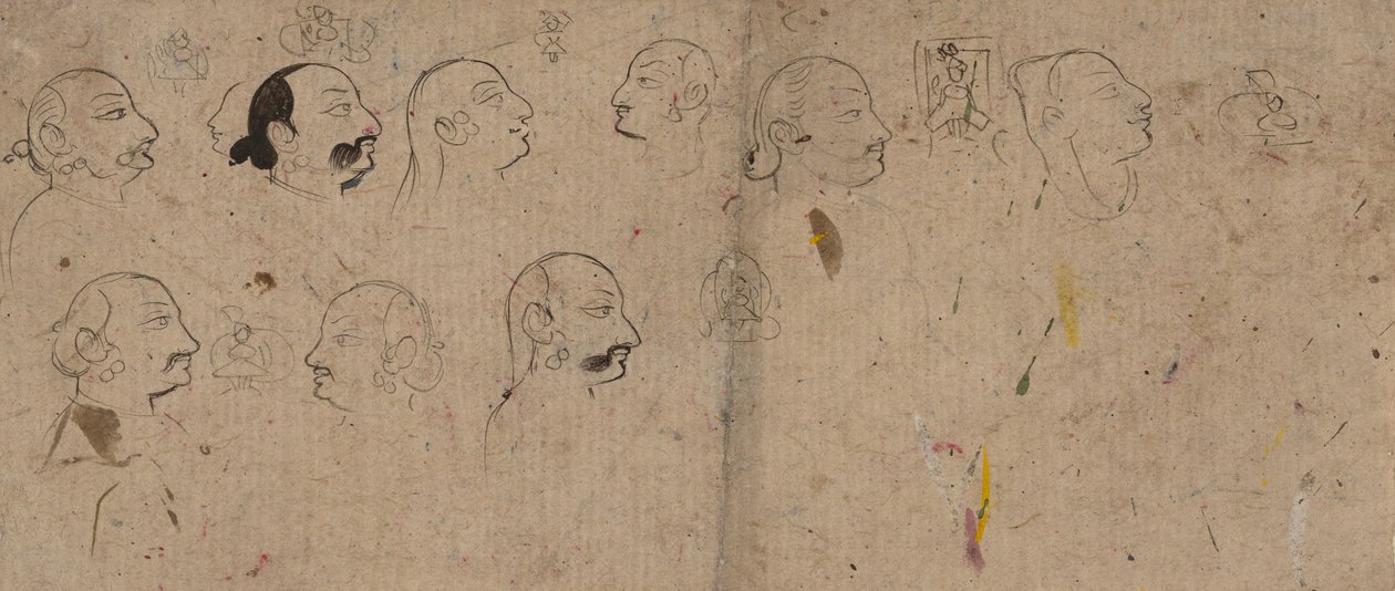 Strona szkicu badań twarzy, prawdopodobnie Maharao Kishor Singh, ca. 1830. autorstwa Unbekannt