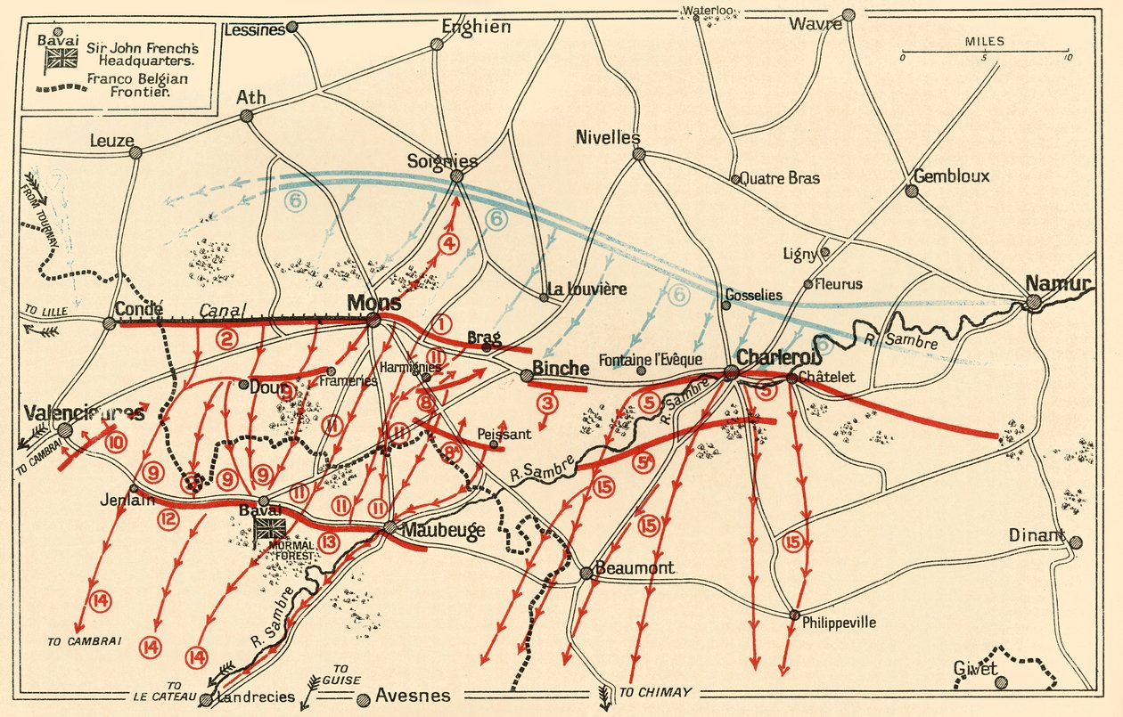 Szkic głównych operacji w pobliżu Mons i Charleroi, c1914, c1920. autorstwa Unbekannt