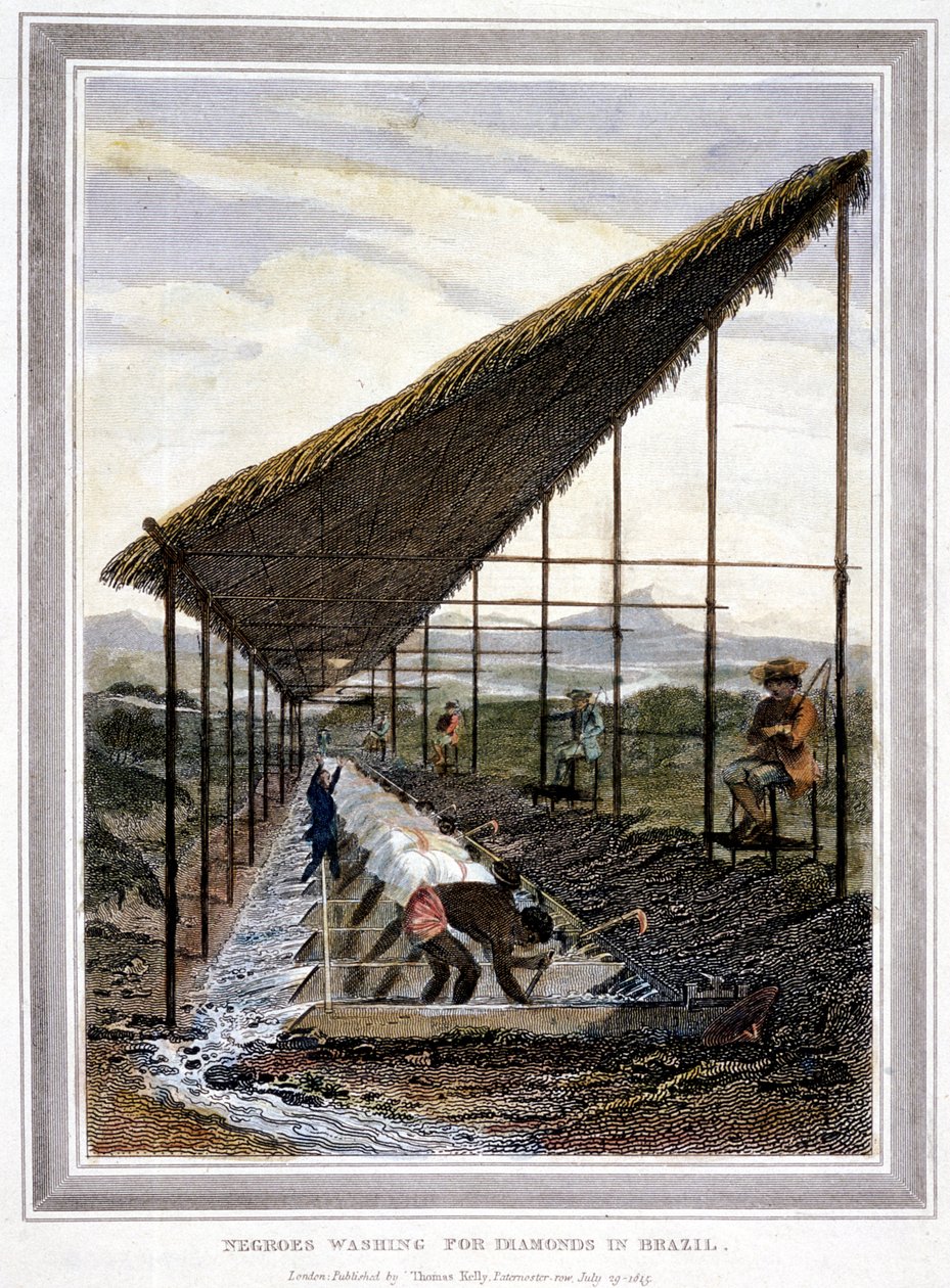 Niewolnicy myjący diamenty, pilnowani przez nadzorców z biczami, Brazylia, 1815 r autorstwa Unbekannt