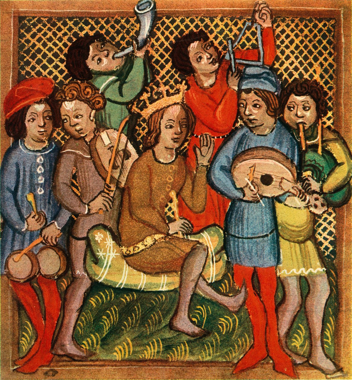 Małe bębny, skrzypce, róg, trójkątna lutnia i dudy, Biblia Ołomuniecka, 1417, 1948 autorstwa Unbekannt
