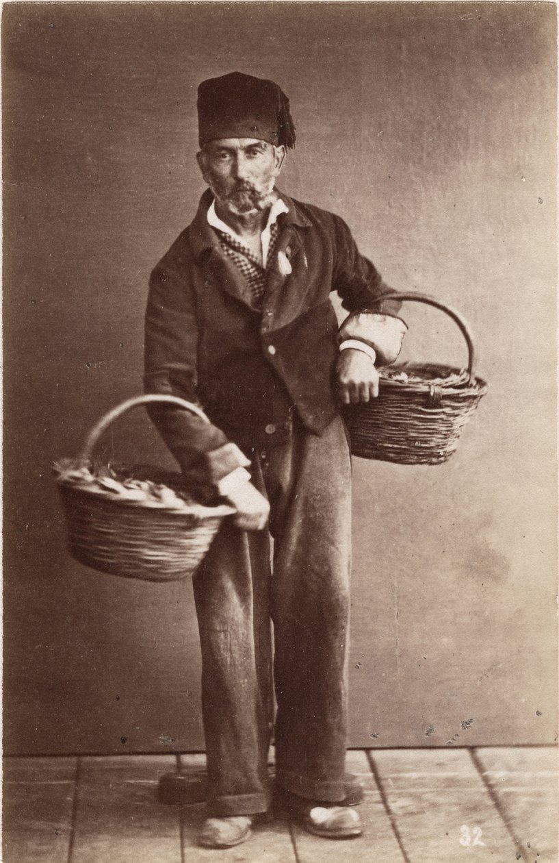 Małe metiery: portret handlarza rybami, kosze pełne ryb. XIX wiek Druk na kartonie Wym. 6x9,3 cm autorstwa Unbekannt
