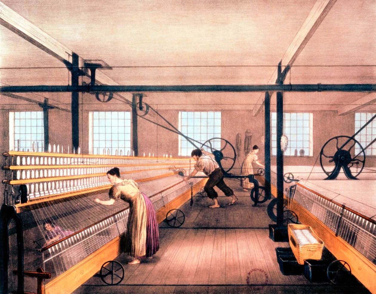 Przędzenie bawełny z mułami samoczynnymi typu wymyślonego przez Richarda Robertsa w 1825 r. c1835 autorstwa Unbekannt