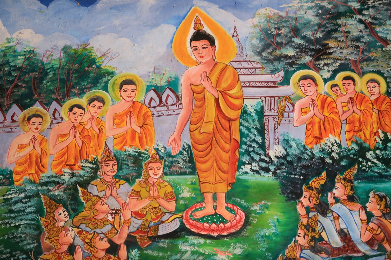 Rozpowszechnianie Dharmy. Życie Buddy. Grafika na suficie przedstawiająca życie Buddy. Wat Inpeng. Wientian. Laos, 20151029, Wientian, Laos autorstwa Unbekannt