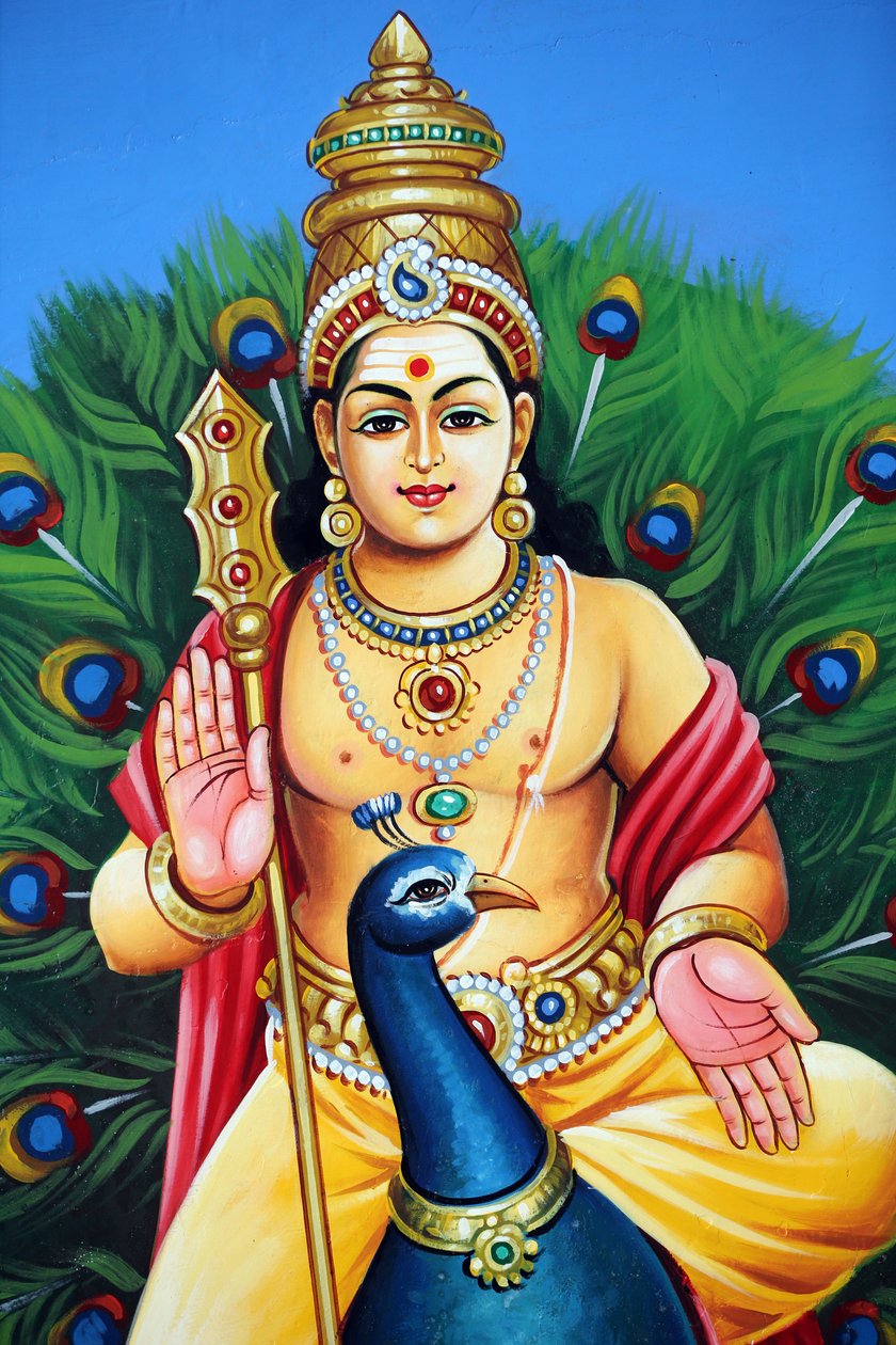 Świątynia hinduska Sri Mariamman. Karthikeya Również Non Asa Murugan, Skanda i Subramanya Eyes hinduskiego boga, który Wojna, 20160817, Singapur, Singapur autorstwa Unbekannt