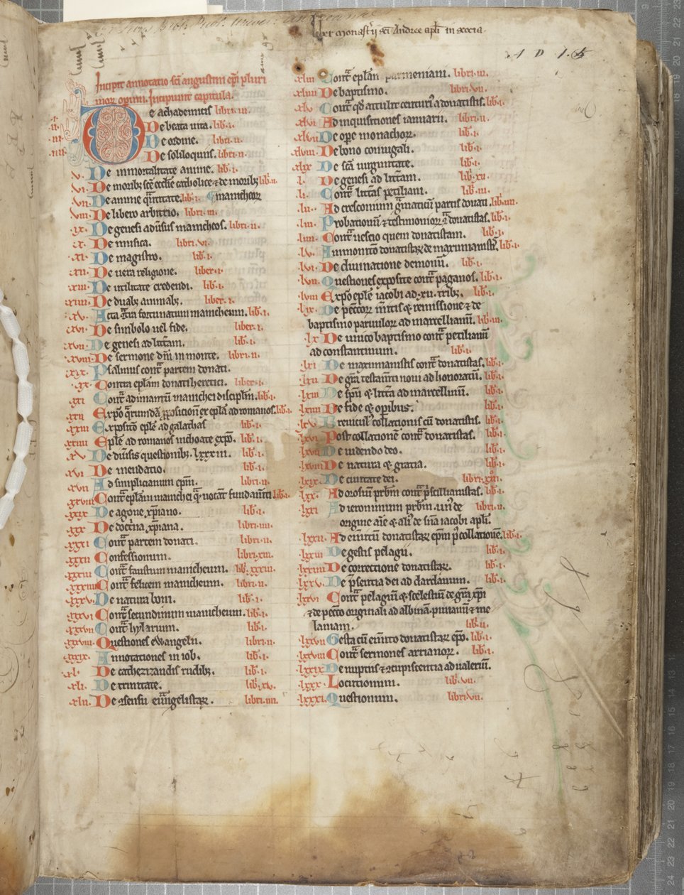 Św. Augustyn z Hippony „Opera”, Fol 2 recto, ok. 1200 (pióro i atrament na pergaminie) autorstwa Unbekannt