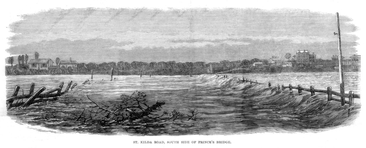 St Kilda Road, południowa strona Princes Bridge – powodzie w Melbourne, Australia, 1864 r. autorstwa Unbekannt