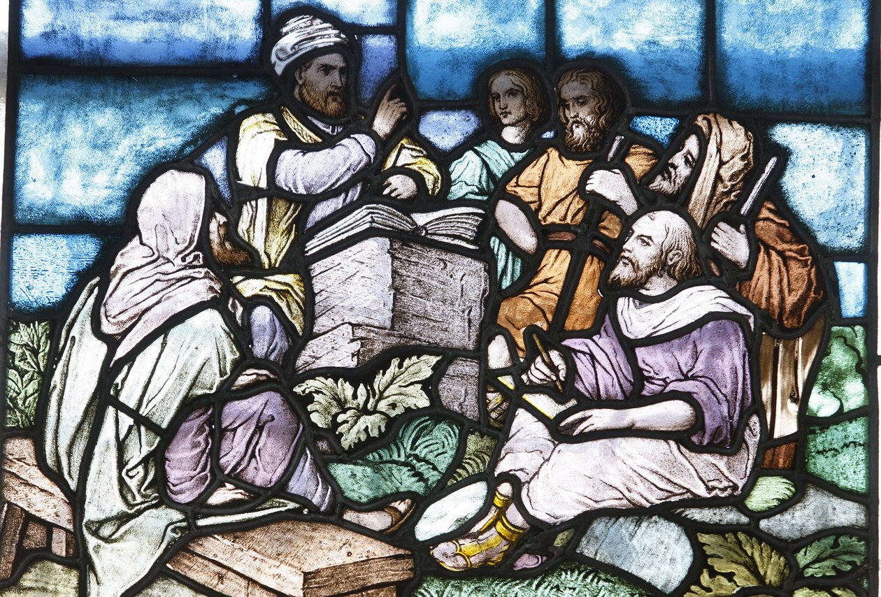 Witraże: Abraham studiujący Torę z ludem Izraela, Budapeszt, Hongrie autorstwa Unbekannt