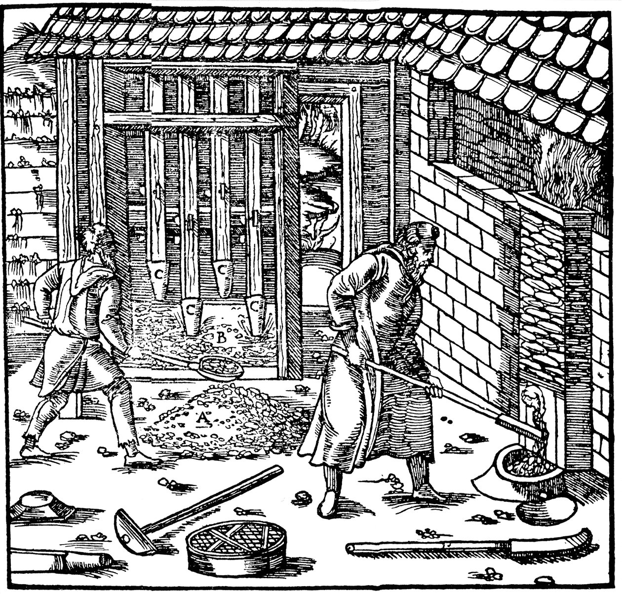 Tłoczenie i prażenie rudy w celu wydobycia metalu, 1556 autorstwa Unbekannt