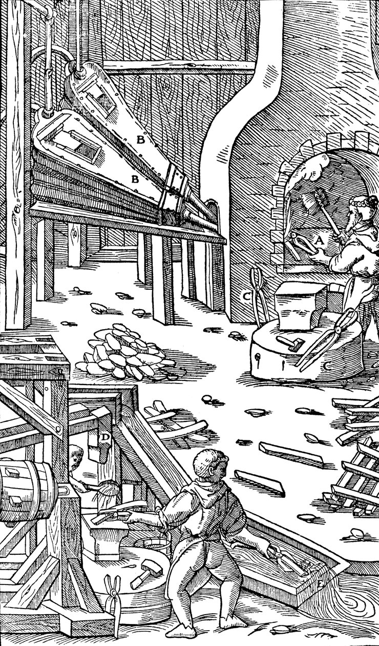 Produkcja stali: kuźnia z miechami do wytwarzania ciągu, 1556 autorstwa Unbekannt