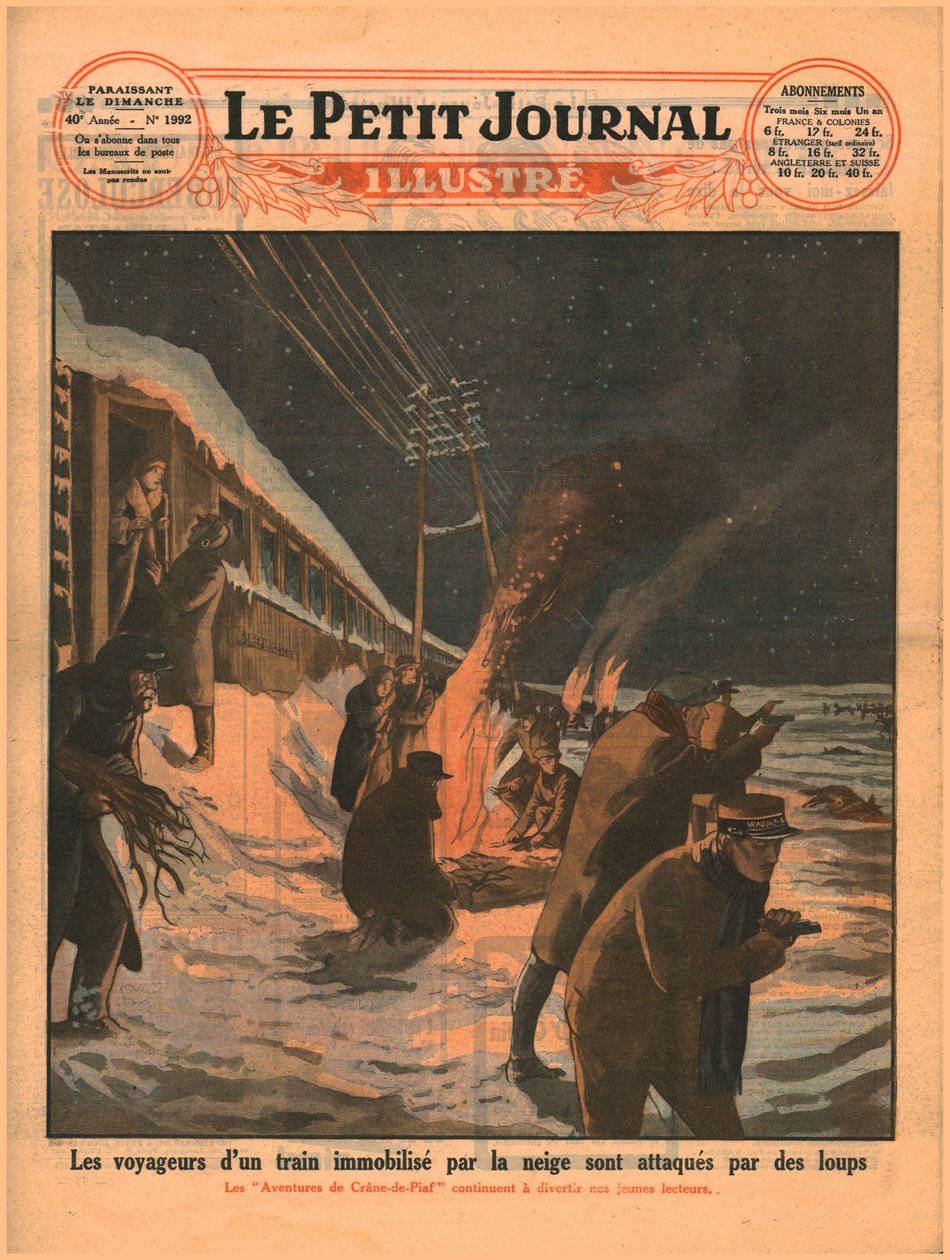 Pasażerowie pociągu w samotności zostają zaatakowani przez wilki, 1929. autorstwa Unbekannt