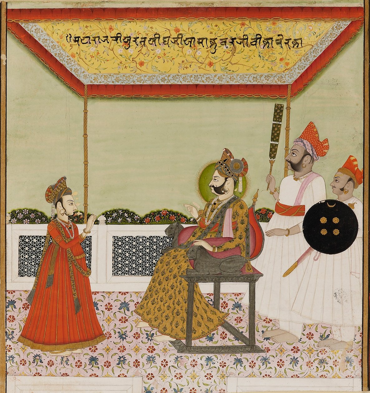 Surat Singh zasiada na tronie z lwami i przyjmuje swojego młodego syna, ok. 1800 autorstwa Unbekannt