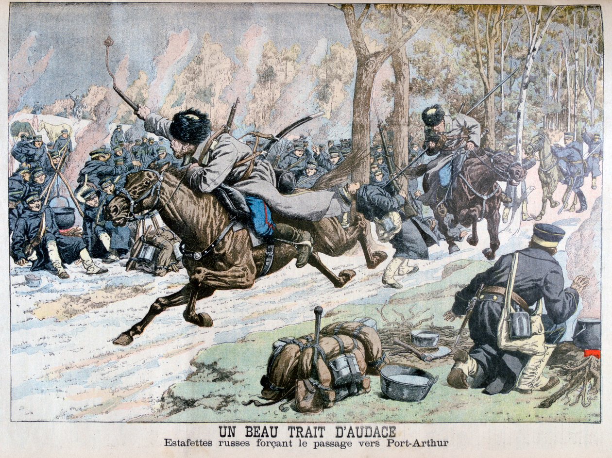 Atak z zaskoczenia przez rosyjską kawalerię na drodze do Port Arthur, wojna rosyjsko-japońska, 1904 autorstwa Unbekannt
