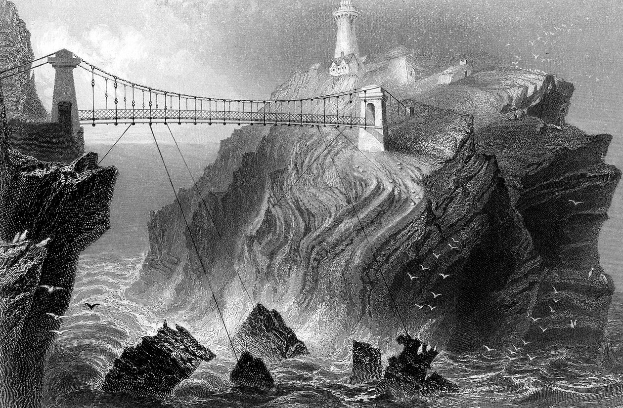 Most wiszący do latarni morskiej South Stack niedaleko Holyhead w Walii, ok. 1860 r. autorstwa Unbekannt