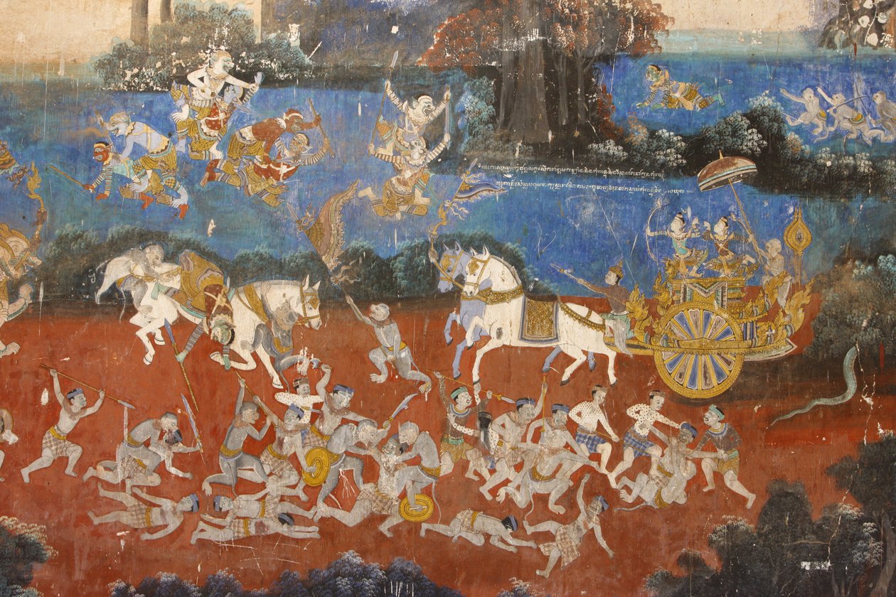 Pagoda SylveraTen mural przedstawia sceny z Reamkera, który jest kambodżańską lub Khmerską wersją klasycznego hinduskiego poematu Ramajana, Phnom Penh, Kambodża autorstwa Unbekannt