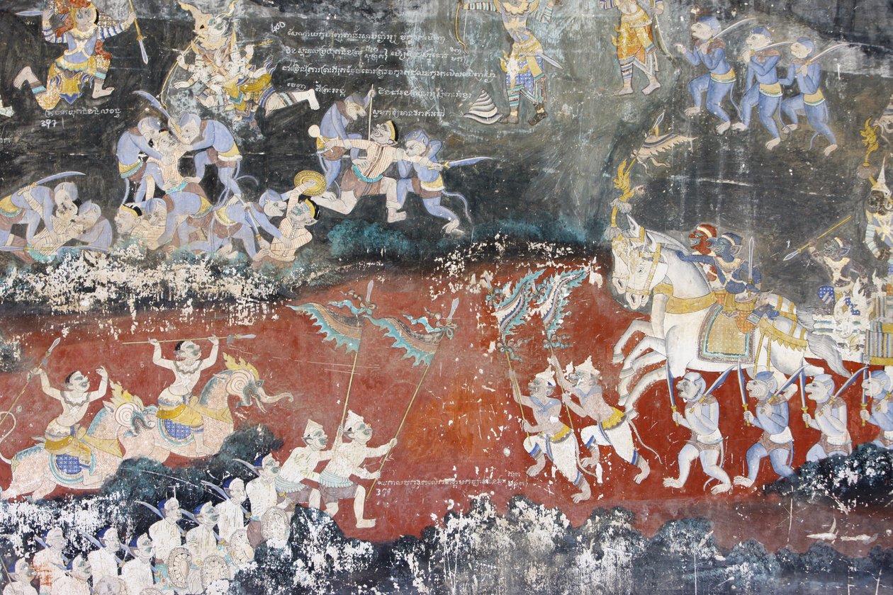Pagoda SylveraTen mural przedstawia sceny z Reamkera, który jest kambodżańską lub Khmerską wersją klasycznego hinduskiego poematu Ramajana, Phnom Penh, Kambodża autorstwa Unbekannt