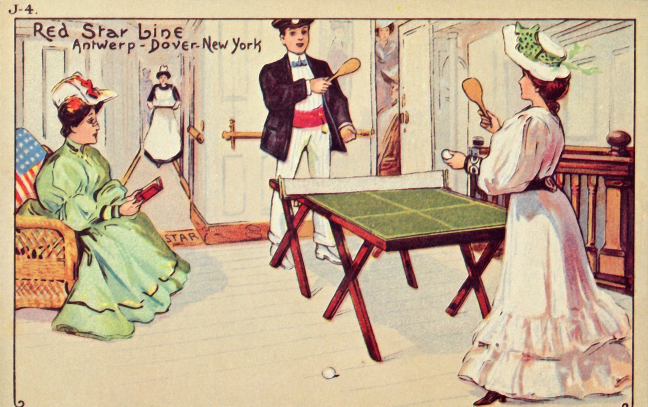 Tenis stołowy na pokładzie statku pasażerskiego Red Star Line, 1907. autorstwa Unbekannt
