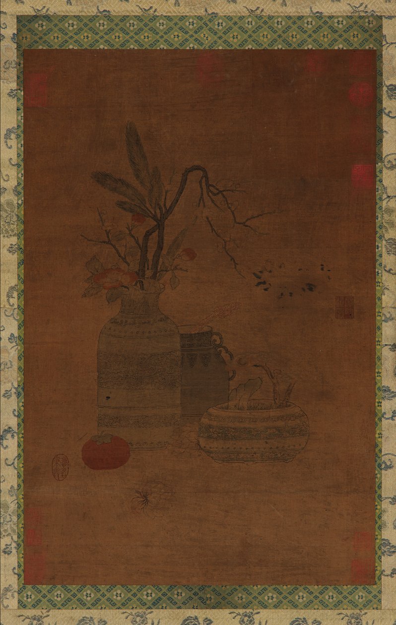 Gobelin: miska, dwa słoiki, kwiaty i owoce, prawdopodobnie dynastia Ming, 1368-1644. autorstwa Unbekannt