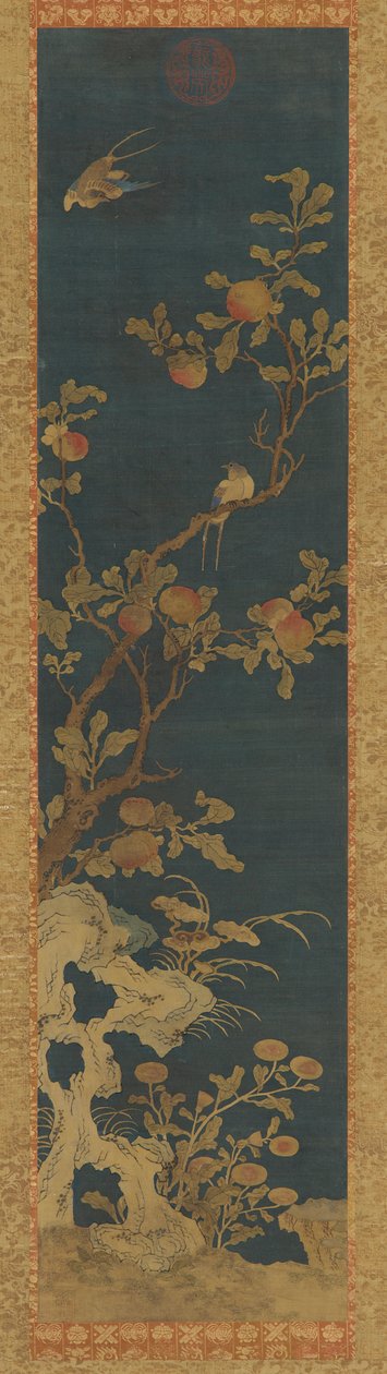 Gobelin: ptaki, brzoskwinia, skały i kwiaty na niebieskim tle, dynastia Qing, 1644-1911. autorstwa Unbekannt