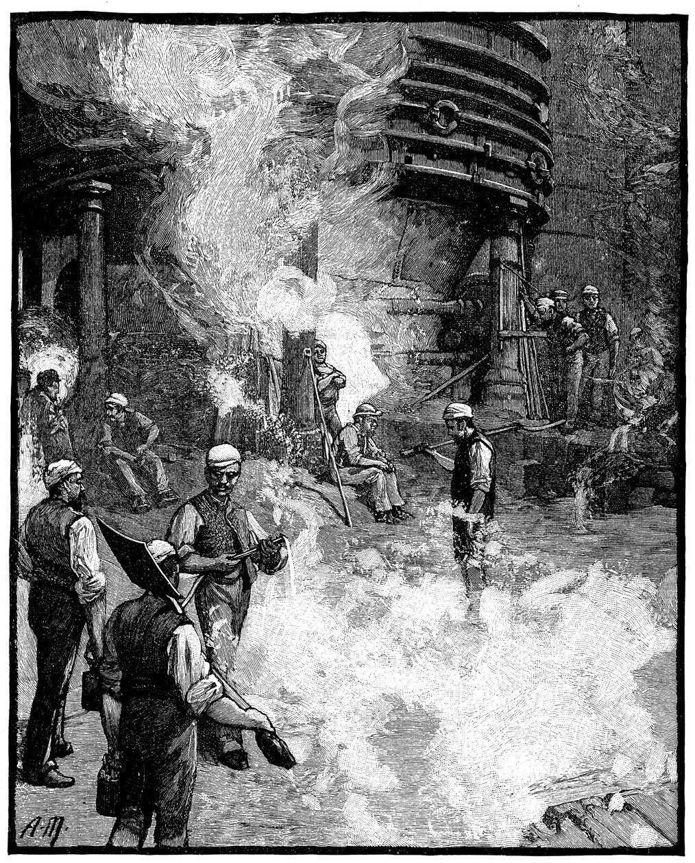 Rozwiercanie wielkiego pieca i odlewanie żelaza w świnie, huty żelaza i stali Siemens, Walia, 1885 autorstwa Unbekannt