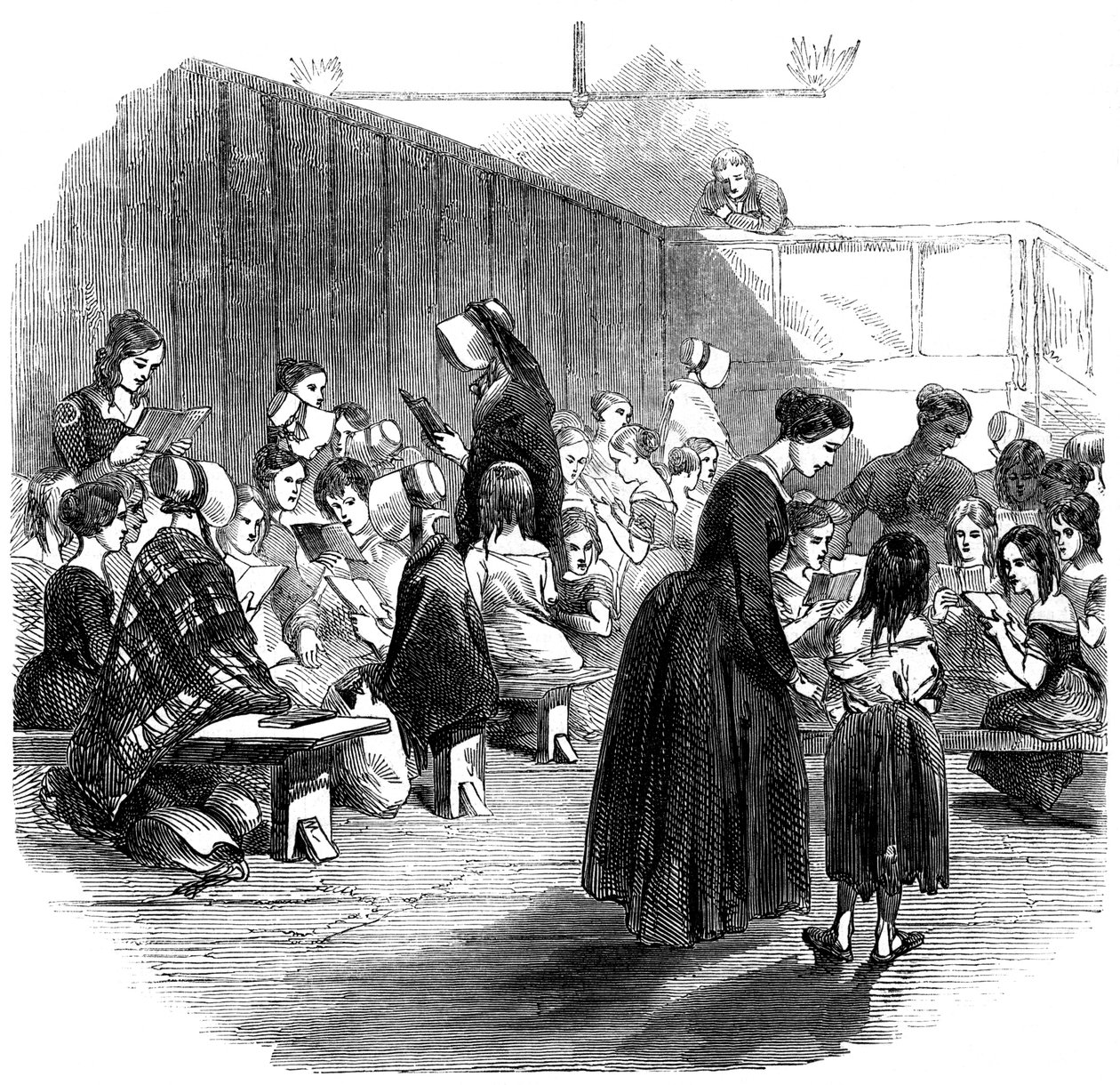 Uczenie dziewcząt czytania w szkole Ragged School Union, Lambeth, Londyn, 1868 r. autorstwa Unbekannt