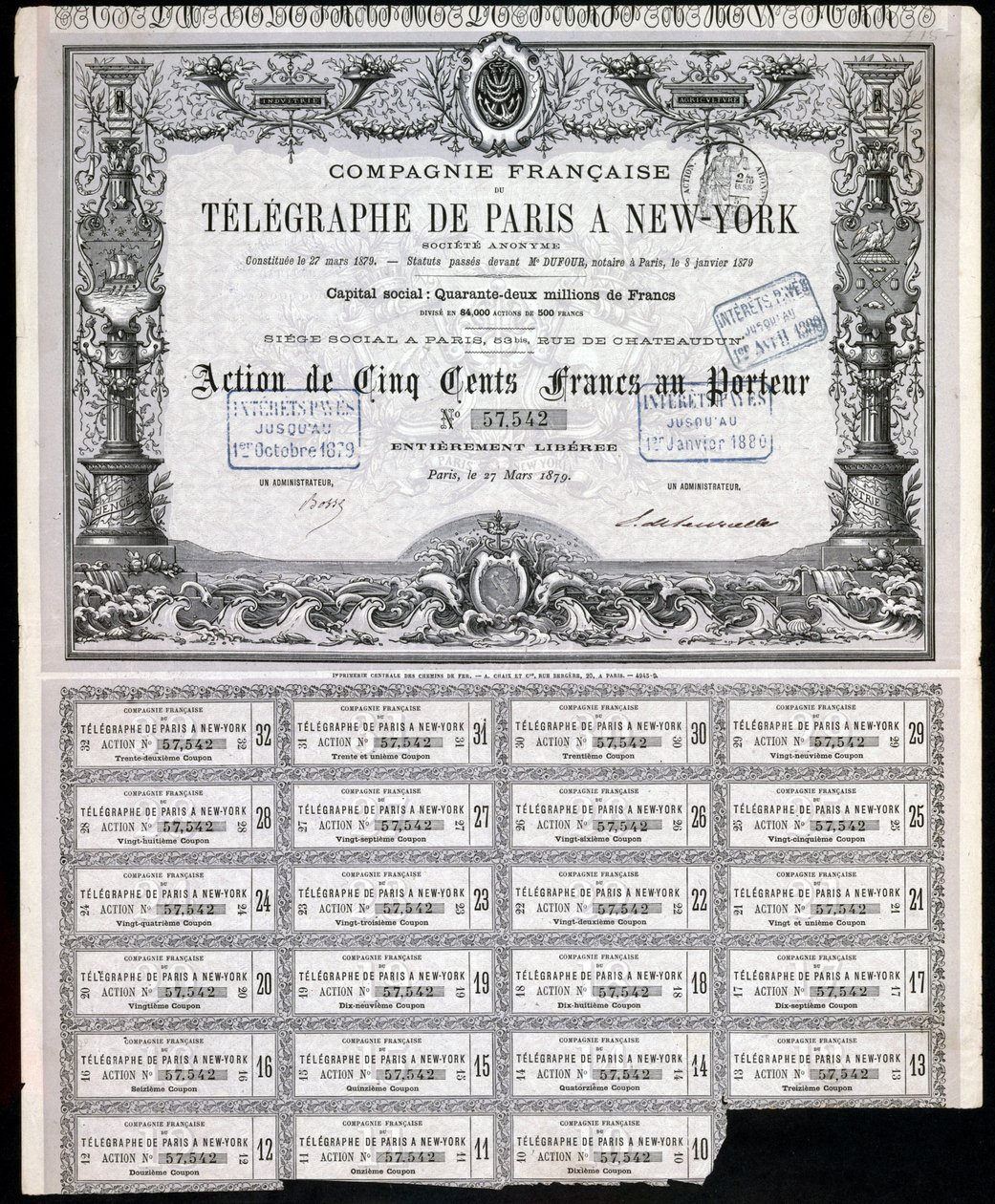 Telegraphy, General Paris-New York Telegraph Share Certificate, 27 marca 1879 r autorstwa Unbekannt