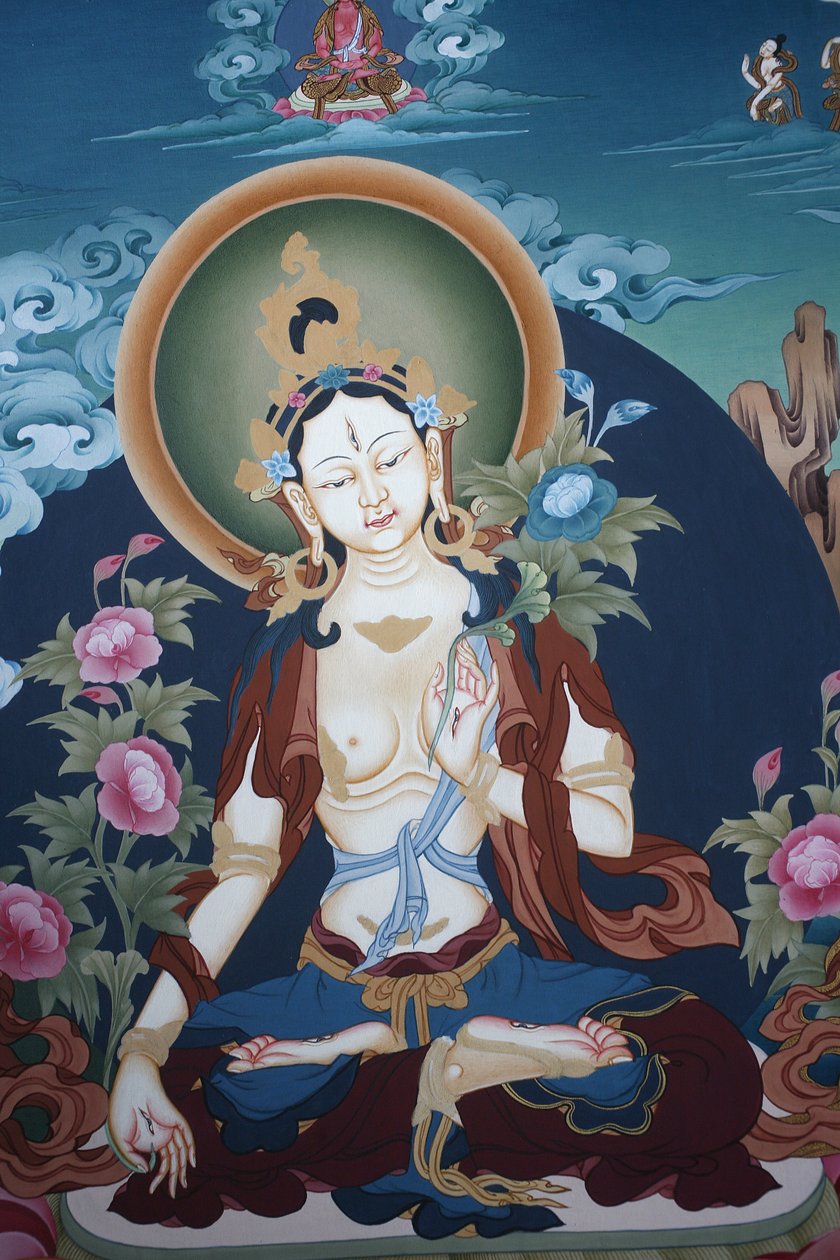 Thangka przedstawiająca boginię Białej Tary, buddyjski symbol długiego życia, Bhaktapur, Nepal autorstwa Unbekannt