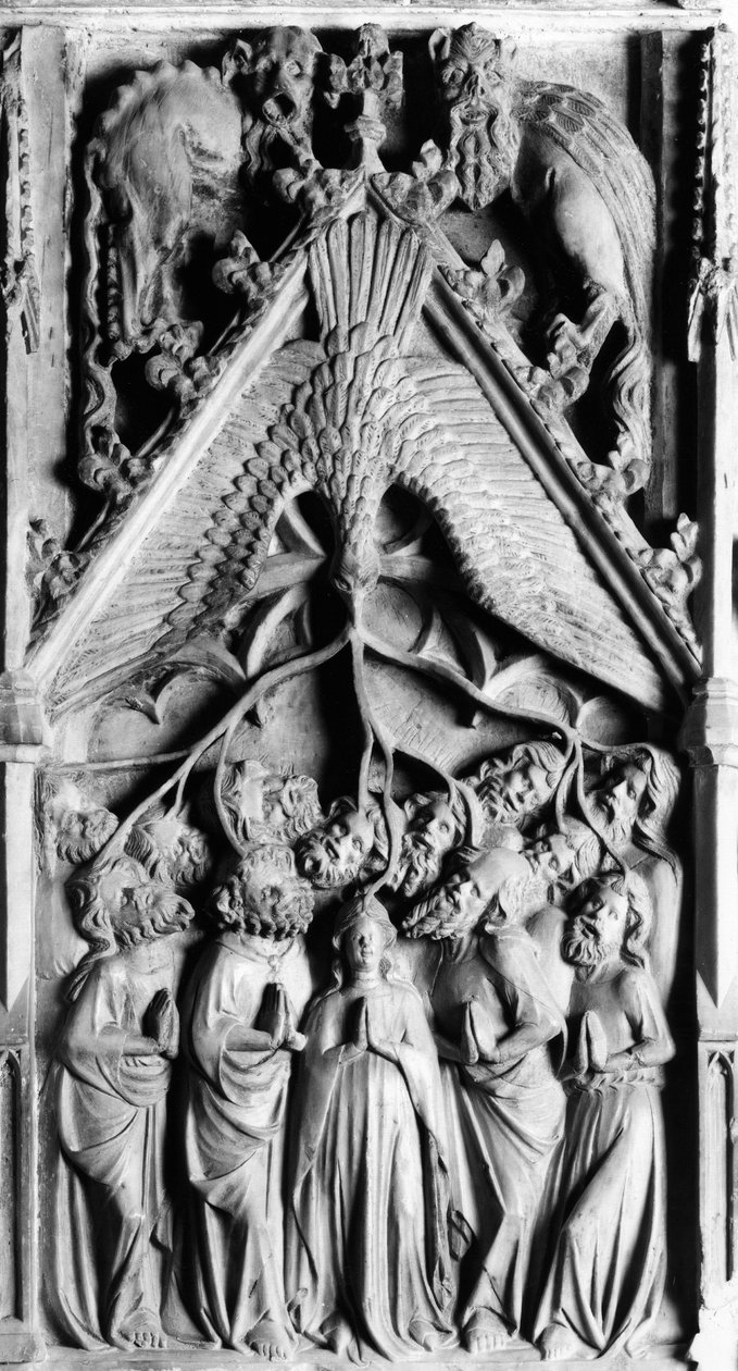 Ołtarz Życia Dziewicy Detal. Płaskorzeźba Jaume Cascalls (?-1378) XIV-wieczny kościół Matki Bożej Corneilla de Conflent (Pireneje Wschodnie) autorstwa Unbekannt
