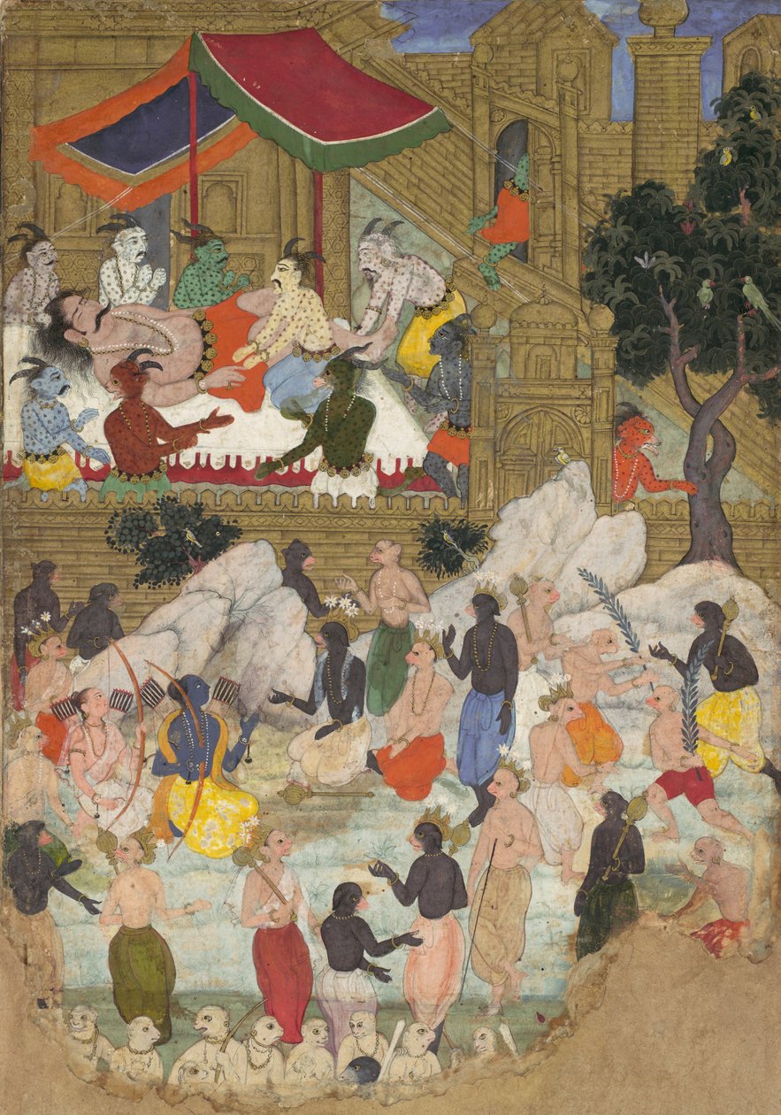Przebudzenie Kumbhakarny w Złotym Mieście Lance, Folio z Ramajany, ca. 1605. autorstwa Unbekannt