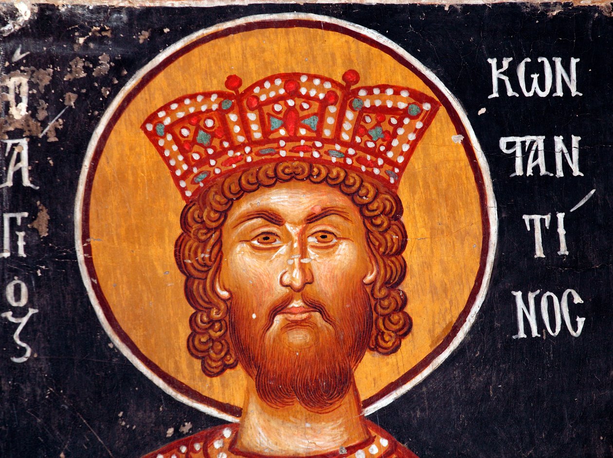 Fresk bizantyjski z XV wieku (Szczegół): Malowidło ścienne cesarza Konstantyna Kościół Michała Archanioła w Pedoulas Cypr Malowane kościoły UNESCO Troodos, Cypr autorstwa Unbekannt