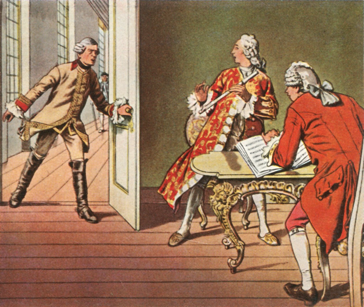Książę koronny i jego nauczyciel muzyki zostają przerwani podczas lekcji fletu, 1729, 1936. autorstwa Unbekannt