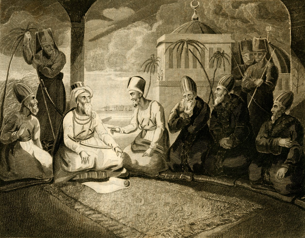 Dey z Algieru konsultujący się ze swoją radą w sprawie przybycia floty angielskiej, 1816. autorstwa Unbekannt