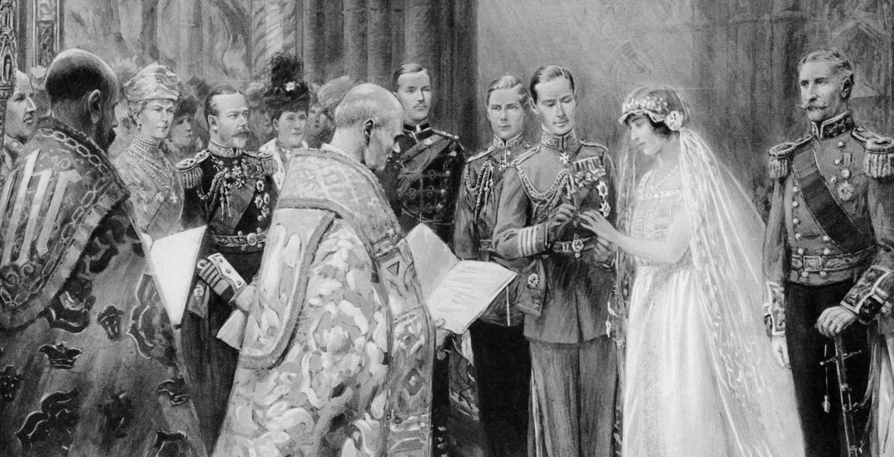 Książę Yorku umieszczający pierścień na palcu Lady Elizabeth Bowes-Lyons, 26 kwietnia 1923, 1937 autorstwa Unbekannt