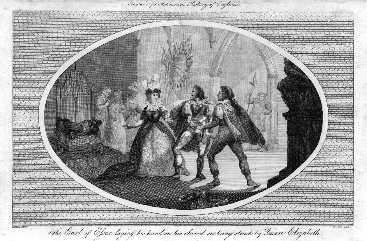 Hrabia Essex kładzie rękę na swoim mieczu po uderzeniu przez królową Elżbietę, 1792 autorstwa Unbekannt